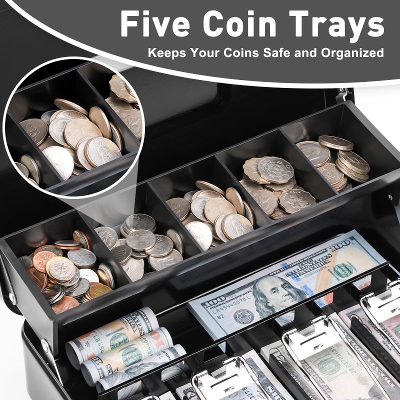 KYODOLED Metal Cash Box with Combination Lock & Spring-Loaded Bill Clips, 5-Compartment Cantilever Coin Tray, Portable Safe for Yard Sales/Craft Fairs/Small Businesses, 11.81â€x9.45â€x3.54â€, Black - Image 3